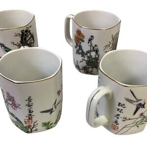Set of 4 Vintage Oriental Asian Bird Flower Hexagon Shaped Ceramic Mug Gold Rim